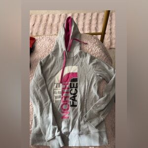 The North Face Light Gray Hoodie with Pink Accents